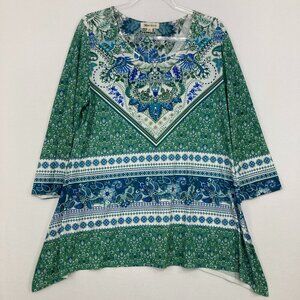Blue Mood size XL Blue Green Boho Stretch 3/4 Sleeve Sharkbite Hem Artsy Top